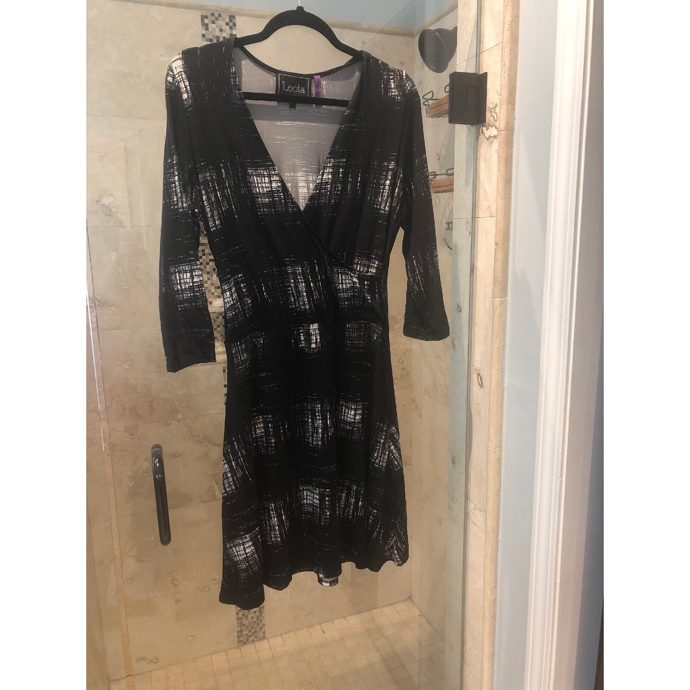 Leota Blue White Geo Fit Flare Retro Stretch Dress Large 3/4 Sleeve Midi